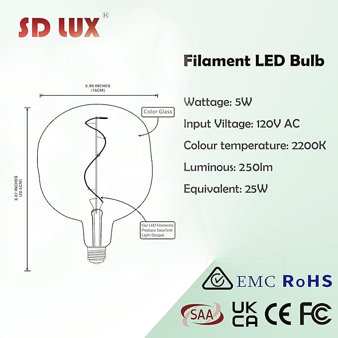 SD LUX Oversized Vintage LED Light Bulbs 5W, Medium Base E26, Giant Huge Edison Bulb Large Full Color Decorative Bulbs, Dimmable 250LM(25W Equi) Pendant Lighting Warm White 2200K,1 Pack (G150C)