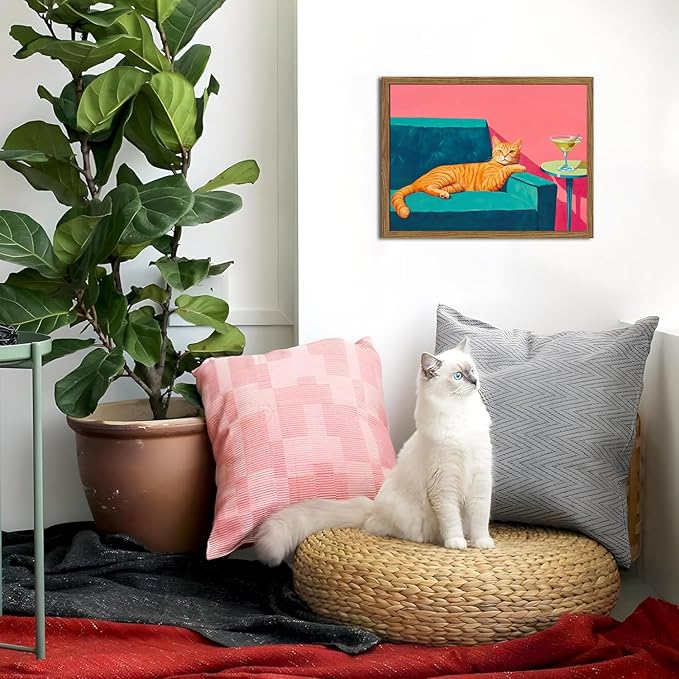 Funny Cat Wall Art Orange Cat With Martini Wall Decor Painting Whimsical Animal Cocktail Bar Cart Poster Canvas Prints Quirky Pet Lover Picture for Bedroom Living Room Wood Framed 12x16 inch