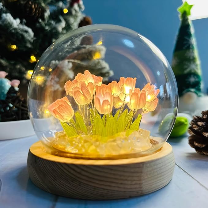 LOGAZOO (20 Flower) Birthday Gifts for Mom, Tulip Lamp Night Light with Glass Dome,Handmade Artificial Flower Table Lamp Bedroom Desk Decoration for Women Daughter Girlfriend Christmas Holiday Gift