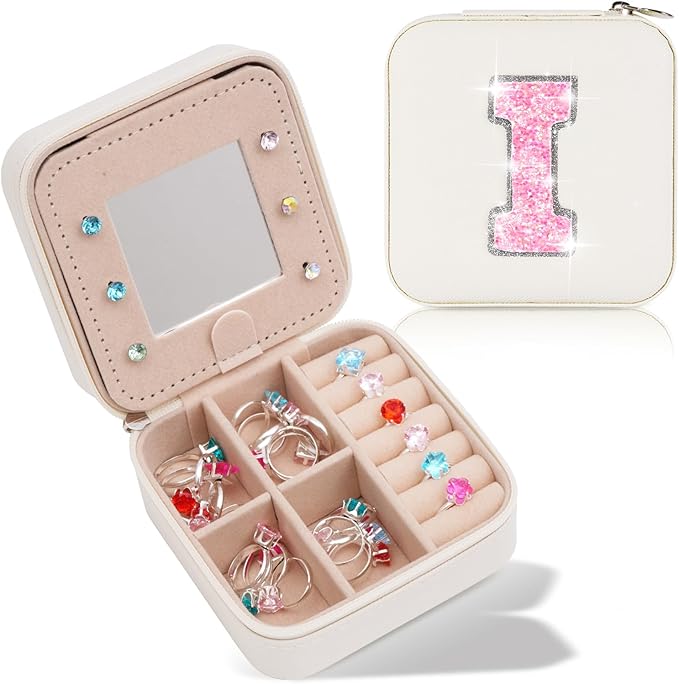 Uygafly Personalized Jewelry Case for Women Girls - Fashion Mini Jewelry Boxes - Trendy Travel Jewelry Organizer with Initials Letter - Teen Gifts | Cream,I