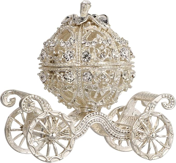 Ipetboom Rhinestone Trinket Box - 1pc Silver Pumpkin Carriage Princess Crystal Jewelry Box Alloy Pumpkin Cart Ornaments Display Holder Organizer for Accessories Cosmetics - 3.14x2.95x1.97in