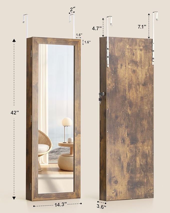 Nicetree 6 LEDs Mirror Jewelry Cabinet with 3 Improvements, 4.2" D Door/Wall Mounted Jewelry Armoire with Full Length Mirror, Larger Capacity, Rustic Brown