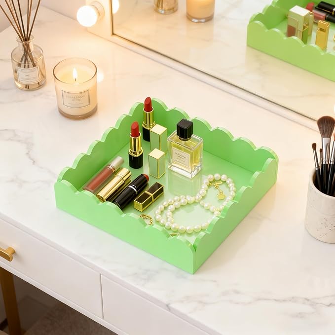 Scalloped Acrylic Tray, 8x8 Inch Glossy Green Acrylic Decorative Tray for Home Decor, Acrylic Organized Tray for Bathroom Vanity Countertop Square Display Tray for Perfume (Square Green)