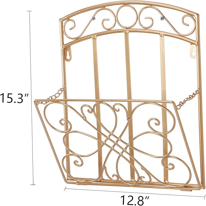 Wall Mount Magazine Holder Rack, Adjustable Hanging File Pocket Organizer with Scroll Work, Decorative Wall Storage Basket for Document, Book, Mail, Newspaper, Gold