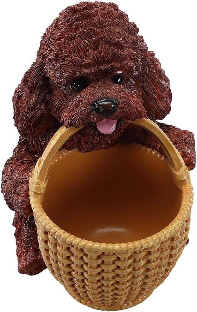 Dog Resin Storage Basket, Desktop Organizer for Remote & Keys, Cute Home Decor Tray, Ideal present for Pet Lovers.(Brown Poodle Biting Basket)