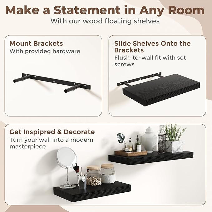 12 Inch Deep Floating Shelves for Wall, 20 x 12 Rustic Wood Grain Bathroom Shelves with Invisible Brackets, Easy Install Wood Storage Shelves for Kitchen, Living Room, Bedroom, Black, Set of 2