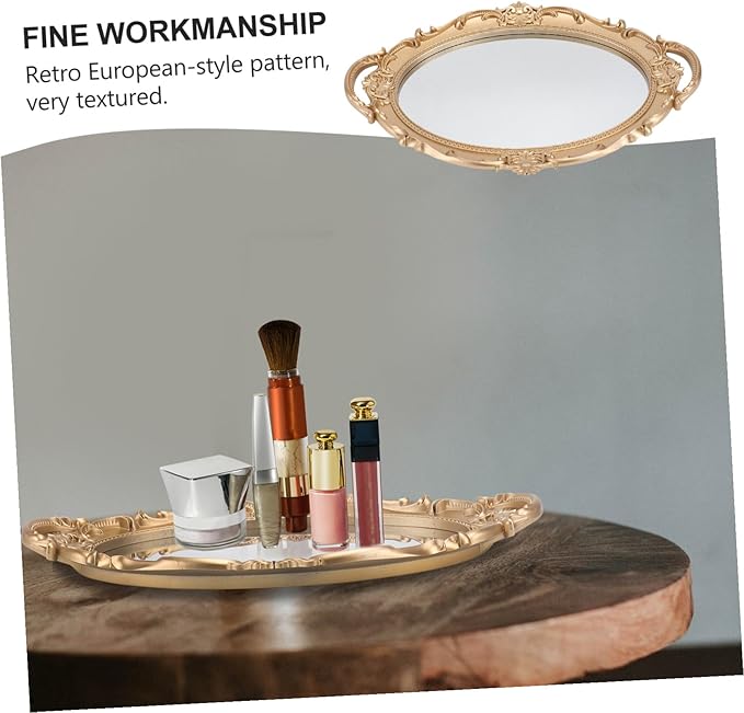 Lurrose Retro European Style Mirror Tray for Jewelry and Perfume Storage Elegant Decorative Oval Makeup Organizer Plate for Wedding Vanity Home Office Display