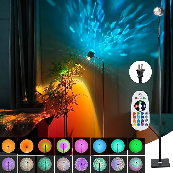 Sunset Lamp Projector Led Lights 3D Ocean Wave with Remote, 16 Colors Night Light 720° Rotation & Four Mode with American Standard Plug, Modern Floor Stand Night Light for Bedroom (Black)