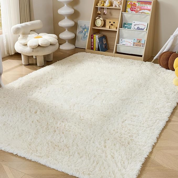 Fluffy Area Rugs for Bedroom - Soft Plush Shag Rug for Living Room Nursery Kids Room - Non Slip Fuzzy Shaggy Floor Carpets for Girls Boys Play Room Dorm Decor (White, 4' x 6')