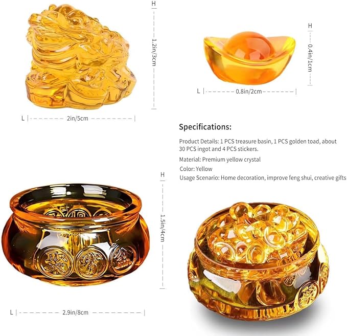 Golden Treasure Basin Feng Shui Money Toad and About 30 PCS Ingot Yuan Bao, 3in Crystal Glass Treasure Basin, 2in Lucky Golden Toad Ideal Adornment for Attracting Wealth, Office Home Decor (with Box)