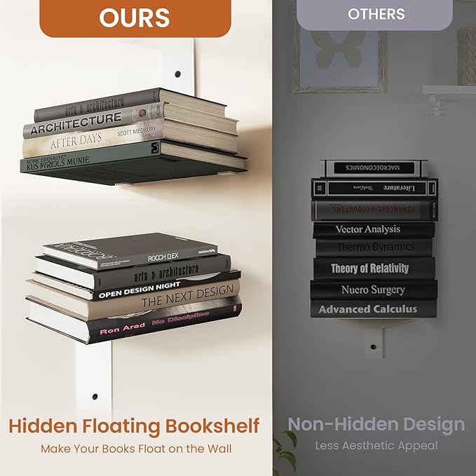 Wawocs Invisible Bookshelf for Wall, 8 Tier Floating Bookshelf Made of Heavy Duty Metal, Vertical Spine Book Tower Hanging Wall Bookshelf, Floating Book Shelves for Wall, 4 Pack White