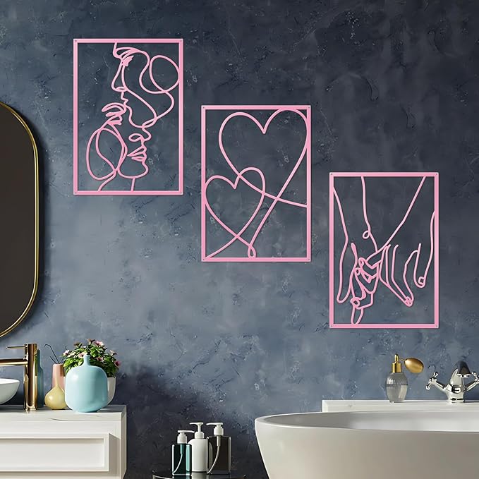ESTART 3 Pieces Metal Minimalist Line Wall Art, Valentine's Day Lover Kiss Hand Metal Wall Decor, Aesthetic Modern Home Hanging Wall Art Decor for Bedroom Living Room (Pink)