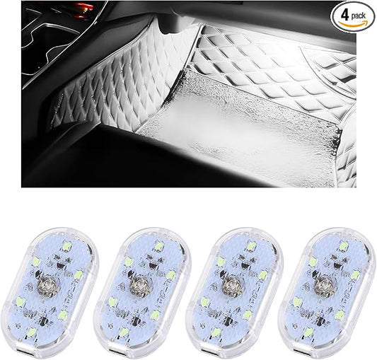 4 PCS Car LED Lights Interior Wireless, Super Bright Auto Interior Ambient Light with 6 Bright LED Lamp Beads, Portable USB Rechargeable Car Led Night Light for Vehicle Decor(White)