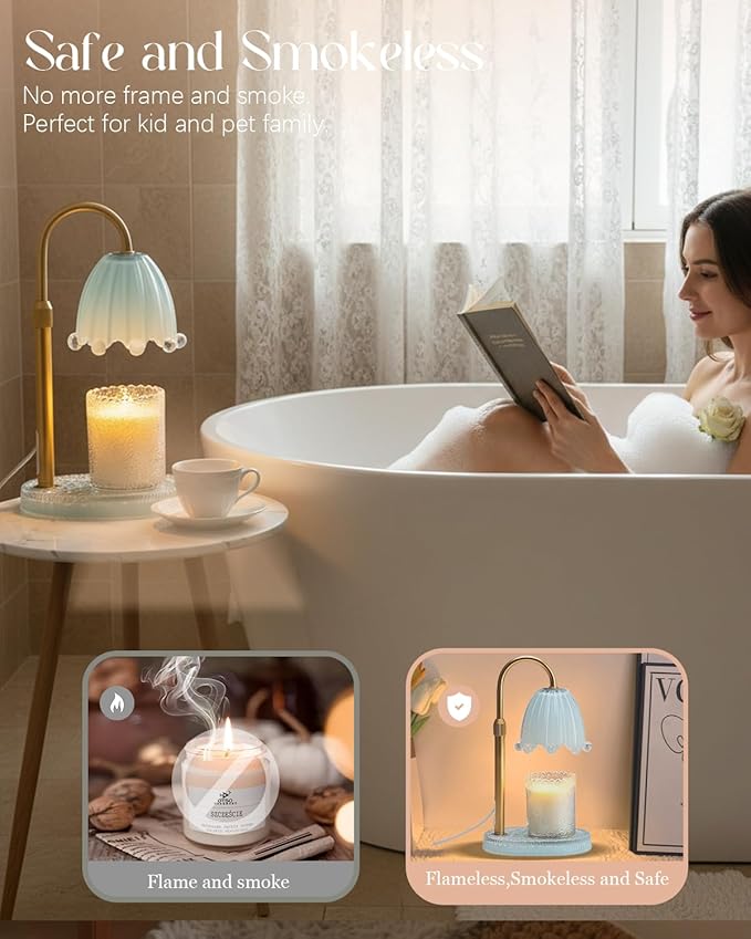 Flower Candle Warmer Lamp with Timer, Vintage Adjustable Glass Warmer Light for Jar Candles, Electric Wax Warming Melter, Gifts for Women Mom, Bedroom Decor (Blue-Flower)