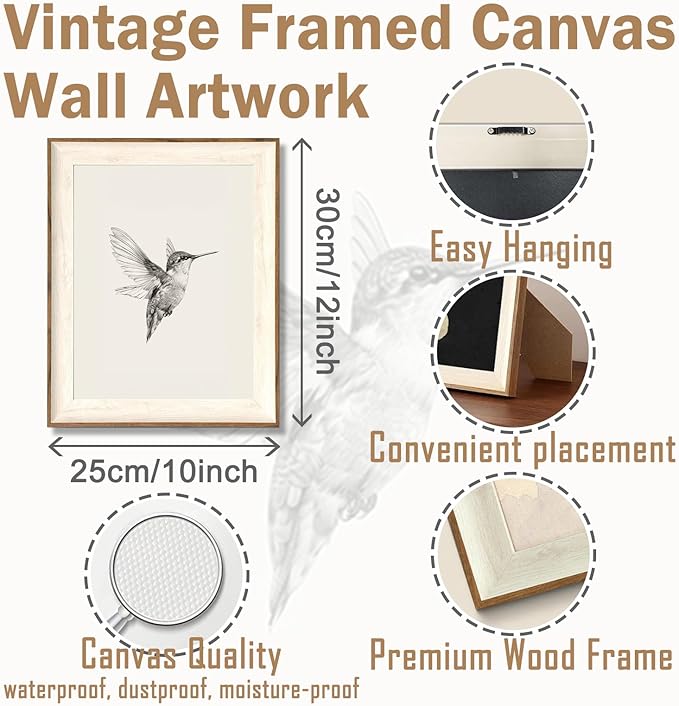 ASTRDECOR Hummingbird Wall Art Prints – Vintage Black and White Bird Sketch Painting Picture, Rustic Neutral Decor Canvas Wall Decor for Nursery, Bedroom, Living Room – Framed 10''x12''