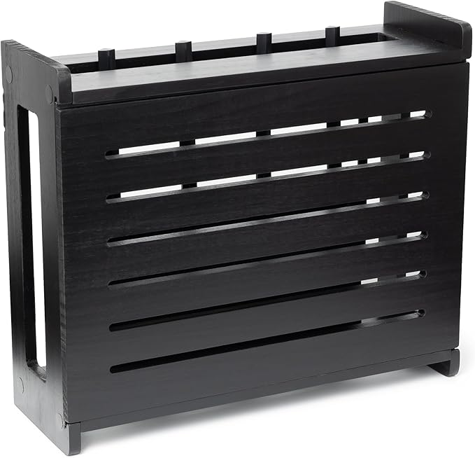 Wooden WiFi Router Storage Box - Standard Wall Mountable Decorative Modem Shelf Hider Cover with Cable Management System - Rustic Home Organization Solution for Most Routers Up to 11" Tall - Black