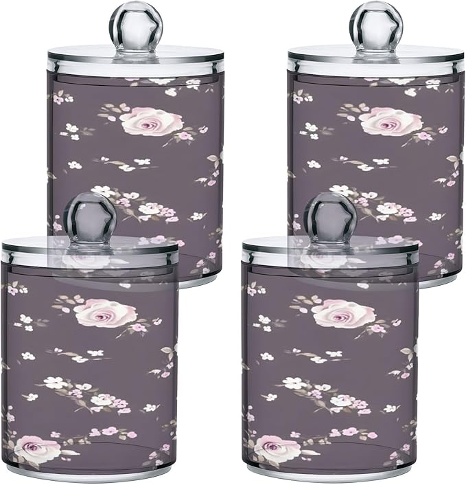 Nander 2Pack Retro Purple Rose Qtip Holder Dispenser -Clear Plastic Apothecary Jars Set - Restroom Bathroom Makeup Organizers Containers for Cotton Swab, Ball, Pads, Floss