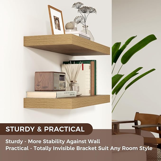 Venusmiles Floating Shelves for Wall, Engineered Wood Wall Shelves with Invisible Brackets for Living Room Bedroom Bathroom Office Kitchen Decor and Storage (Oak, 24" W x 9" D x 1.5" H) Set of 2