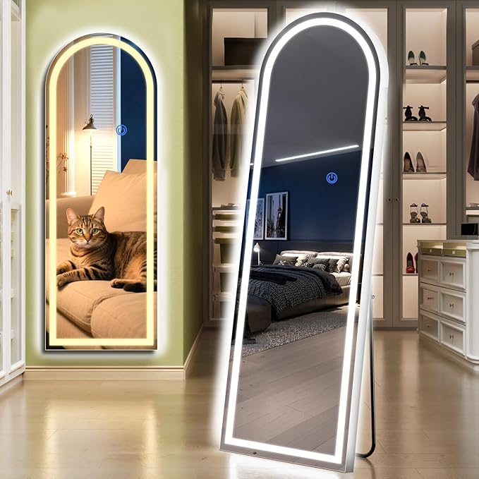 Arch Full Length Standing Mirror with LED Lights, 56"x20" Lighted Mirror with Dimming & 3 Color Lighting, Tall Mirror Full Body for Bedroom, Dressing Room