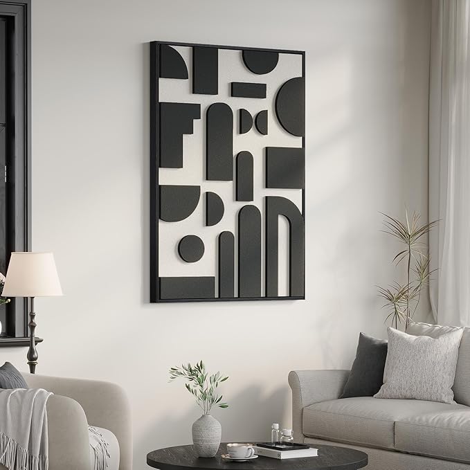 Framed 3D Black and White Abstract Wall Art, Modern Geometric Block Artwork for Walls, Minimalist Shape Pictures for Living Room Bedroom Dining Room Hallway Home Office Wall Decor, 24x36 In