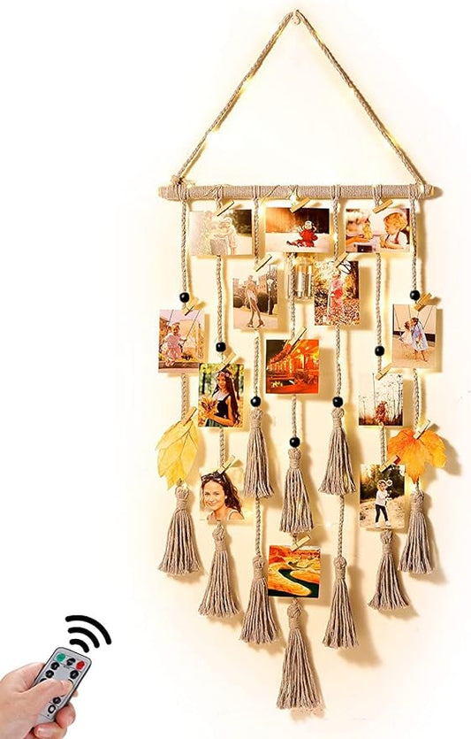Homecor Hanging Photo Display Wall Decor, Gray Macrame Wall Hanging Boho Room Decor, Picture Frame Collage Board with Remote Light 30 Clips, Bedroom Home Decor, Christmas Mom Grandma Teen Girl Gifts