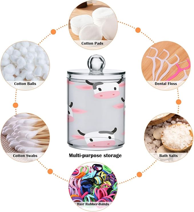 Nander 4Pack Cute Cartoon Cow Qtip Holder Dispenser -Clear Plastic Apothecary Jars Set - Restroom Bathroom Makeup Organizers Containers for Cotton Swab, Ball, Pads, Floss