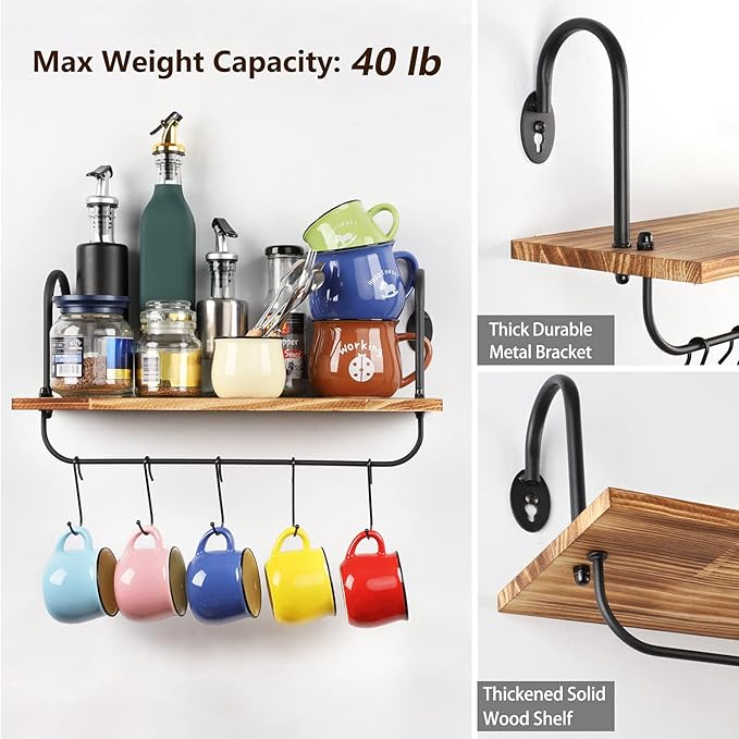Olakee Floating Wall Shelves for Kitchen Bathroom Coffee Nook with 10 Adjustable Hooks for Coffee Mugs, Coffee Bar Organizer and Decor, Rustic Storage Shelves Set of 2