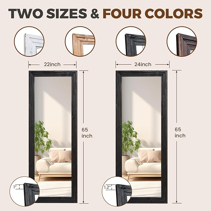 65"x22" Full Length Mirror Solid Wood Frame Floor Mirror with Stand for Living Room, Bedroom Hanging Standing or Leaning, Black