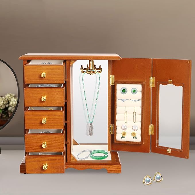 Wooden Jewelry Box, Jewelry Organizer With 5 Drawers Built-in Necklace Carousel and Mirror for Necklaces, Earring, Rings (Light Wood Color)