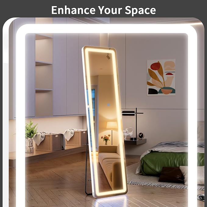 Standing Mirror Full Length with LED Lights, 60"x16" Lighted Mirror with Dimming & 3 Color Lighting, Tall Mirror Full Body for Bedroom, Dressing Room