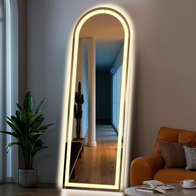 Arch Full Length Standing Mirror with LED Lights, 65"x26" Lighted Mirror with Dimming & 3 Color Lighting, Tall Mirror Full Body for Bedroom, Dressing Room