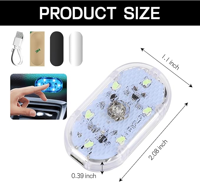 4 PCS Car LED Lights Interior Wireless, Super Bright Auto Interior Ambient Light with 6 Bright LED Lamp Beads, Portable USB Rechargeable Car Led Night Light for Vehicle Decor(Ice Blue)