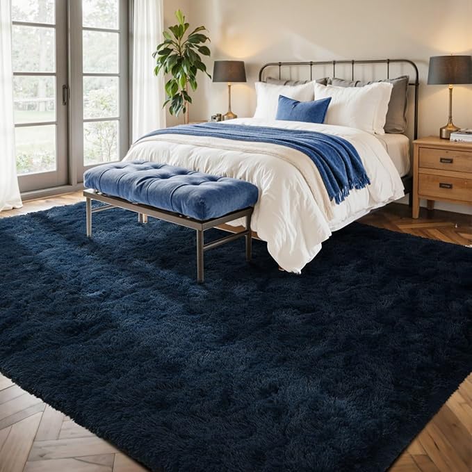8x10 Area Rugs for Living Room Fluffy Blue,Plush Soft Navy Blue Shag Carpet for Living Room Boys Book Room Nursery Kids Playroom Dorm Decor