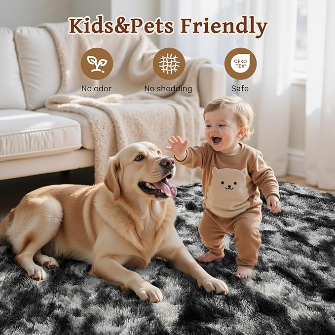 4x6 Area Rugs for Bedroom, Black Plush Fluffy Shaggy Living Room Rugs Non-Slip, Ultra Soft Carpet for Nursery Kids PlayRoom Dorm Office Indoor