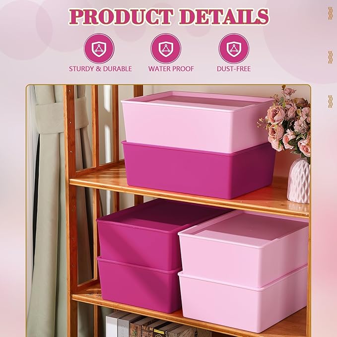 Menkxi 6 Pcs Large Plastic Storage Bins with Lids 14.4 x 10.4 x 5.1 Inch Stackable Storage Containers Decorative Cubby Organizer for Clothes Shelves Garage Closet Office (Pink Series)
