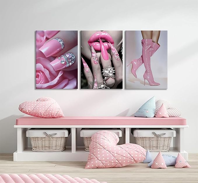 3Pcs Fashion Pink Women Canvas Wall Art Glam Funky Maiden High Heel Pictures Wall Decor Elegant Dreamy Lips Pink Posters Prints Paintings for Living Room Bedroom Home Decoration Prepare To Hang
