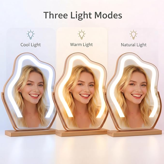 Makeup Mirror with Lights -17″ Cloud Shaped Smart Touch 3-Color Dimmable 360° Rotation Memory Metal Frame Plug-in AC Power Tabletop Vanity Mirror Gift for Women Teen Girls Gold