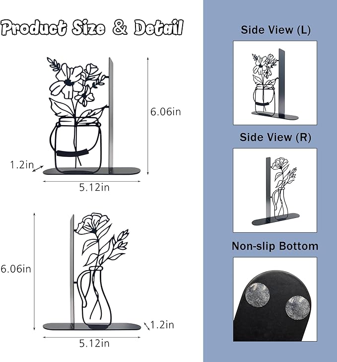 Metal Flower Book Ends, Cute Book Ends for Home Office Decor Decorative Book Ends for Shelves, Ideal Gift for Book Lovers(Black)