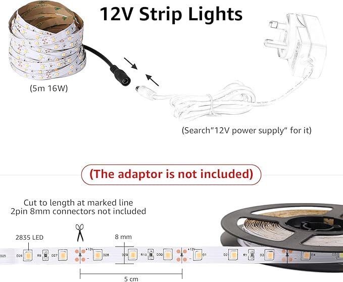 Lepro 12V LED Strip Light, Flexible, SMD 2835, 16.4ft Tape Light for Home, Kitchen, Party, Christmas and More, Non-Waterproof, Warm White(Not Include Power Adapter)