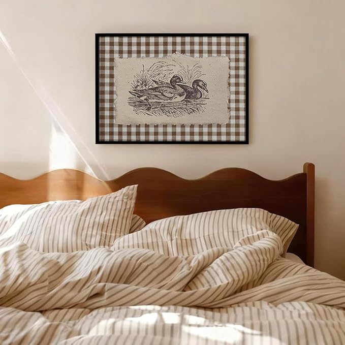 Nature Duck Animal Poster Vintage Brown Gingham Canvas Wall Art Rustic Cottagecore Pond Prints for Country Farmhouse Wall Decor 12X16 inch Aluminum Framed