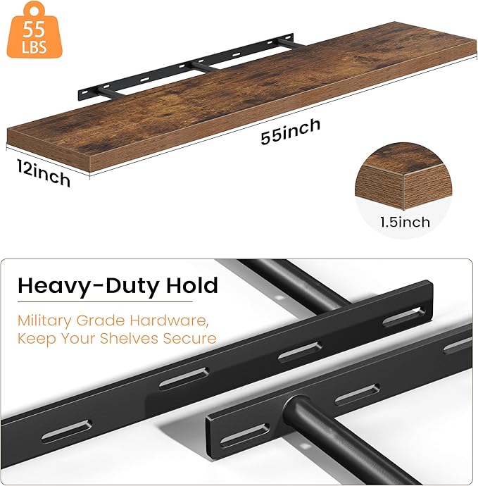 Brown Floating Shelves for Wall, 55 Inch Floating Shelves Set of 1, Wall Mounted Rustic Wood Shelf for Bathroom, Living Room, Bedroom and Kitchen, Hanging Shelf for Storage, Books, Home Decor