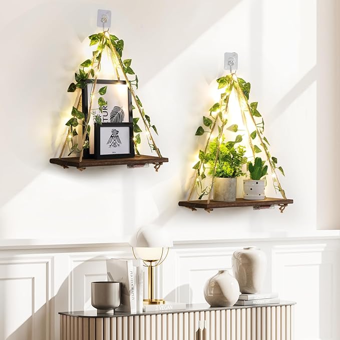 EXIN DECHEN Floating Shelves for Wall No Drilling,Wall Shelves,Hanging Shelf,Leaves and Light Strip with Flower,Set of 2 Plant Decor for Home Livingroom Bedroom,Led Room Decor Aesthetic,Gift