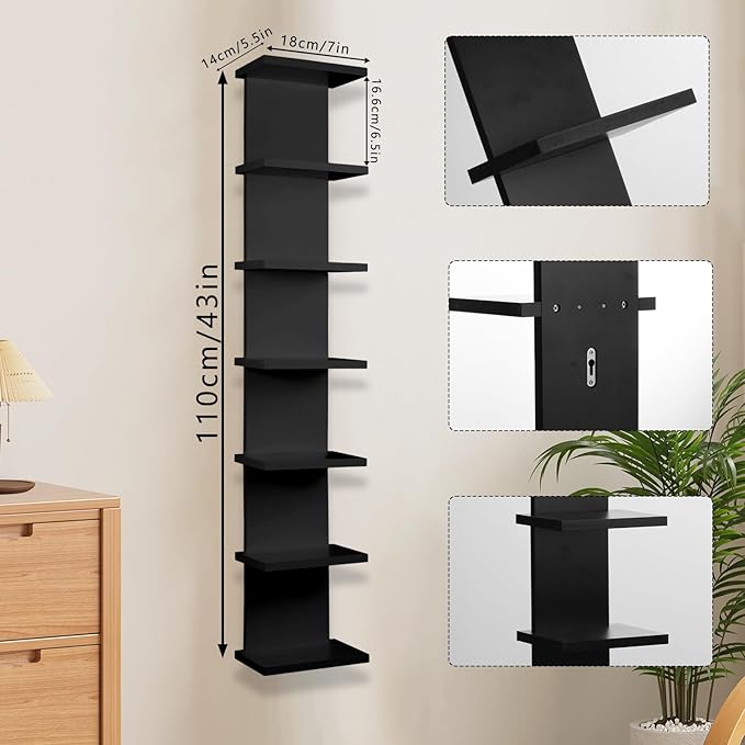 YEXEXINM 7 Tier Wall Shelf Unit - Lack Floating Shelf, Compact Display Floating Shelf, Vertical Column Wall Decor Mount Floating Storage Organizer Tall Tower Shelf for Bedrooms, Living Rooms(Black)