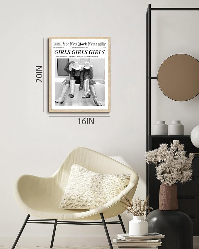 Bwodke OAK Wood Framed Wall Art Girls Just Wanna Have Fun Canvas Art Vintage Newspaper Pictures Western Wall Decor Trendy Cowgirl Prints Black and White Artwork for Girly Dorm Bedroom 16"x20"