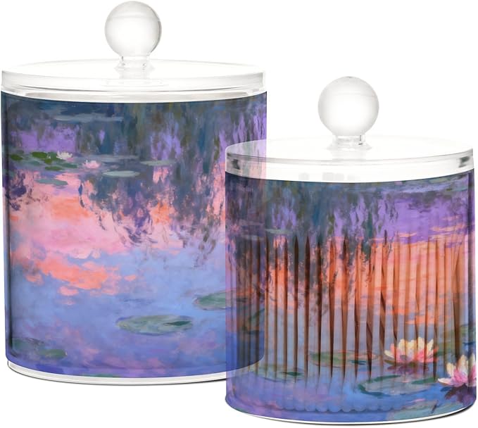 Oil Painting Lake Waterlily Purple Clear Plastic Makeup Organizer Storage with lid Pantry Essentials Decorative small storage bins for Cotton Swabs,Cotton Pads,Floss Picks,Paper Clips,Hair