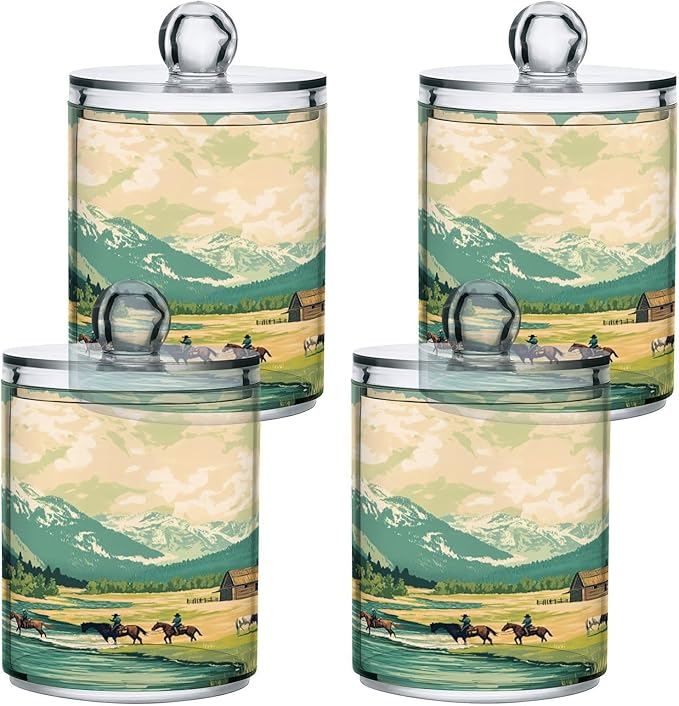 Nander 2Pack Western Style Cowboy Horseback Riding Qtip Holder Dispenser -Clear Plastic Apothecary Jars Set - Restroom Bathroom Makeup Organizers Containers for Cotton Swab, Ball, Pads, Floss