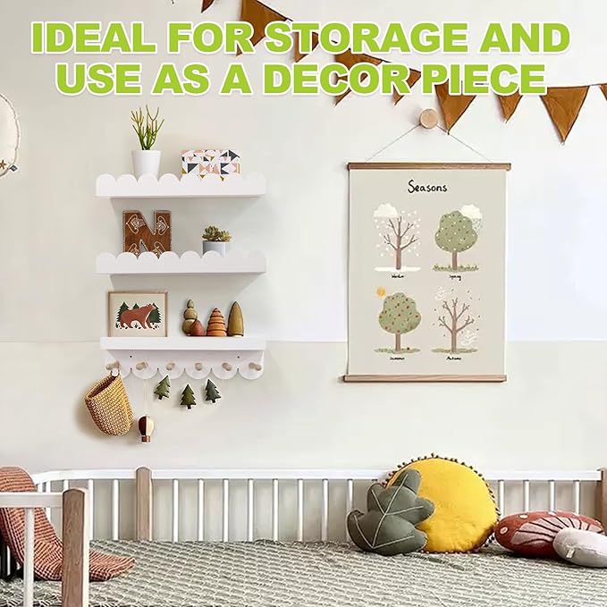 Floating Nursery Book Shelves for Wall, 16'' Wood Book Shelf for Baby Boys Girls Bedroom Bathroom and Décor Storage, Wall Shelf for Books, Plants, Toys, Photo Frames (White-Wooden Pegs, 3 Pack)