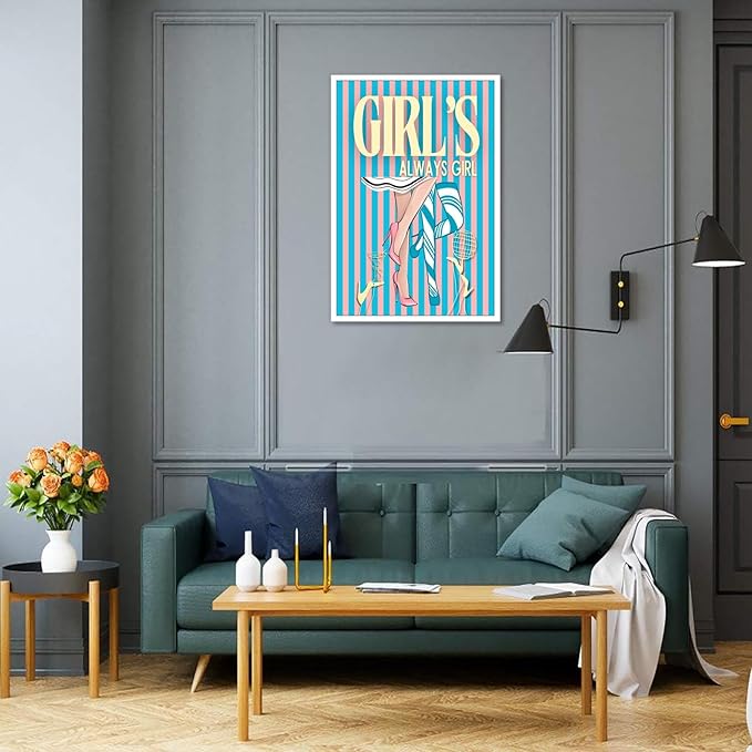 Trendy Always Girls High Heels Poster Funny Cocktail Disco Ball Canvas Wall Art Preppy Blue And Pink Stripes Feminine Girly Prints Painting For Living Room Bedroom Wall Decor 12x16in Unframed