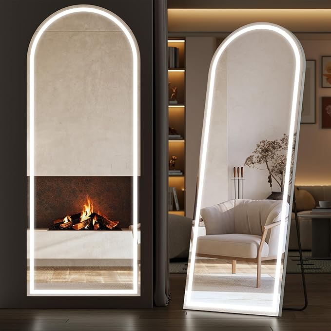 Sweetcrispy Arched Full Length Mirror with LED Lights, 71.3" x26.5 Lighted Floor Mirror with Dimming & 3 Color Lighting, Stand for Bedroom, Dressing Room