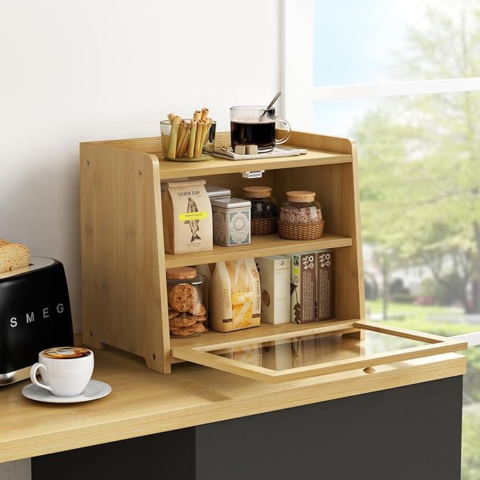 Goozii Bamboo Bread Box for Kitchen Countertop, Wooden Kitchen Counter Organizers and Storage for Bread, Coffee, Spices, Snacks, Wood Vintage Breadbox Container for Cabinet, Bedroom, Bathroom